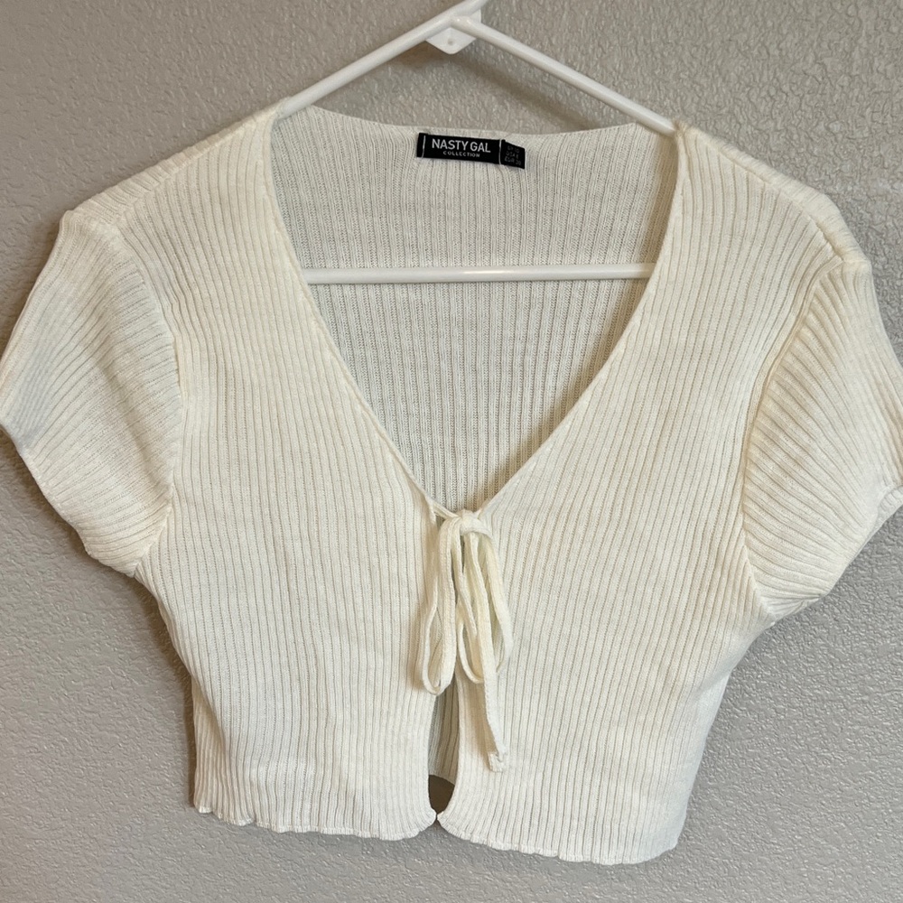 Nasty Gal Ivory Ribbed Tie-Front Blouse